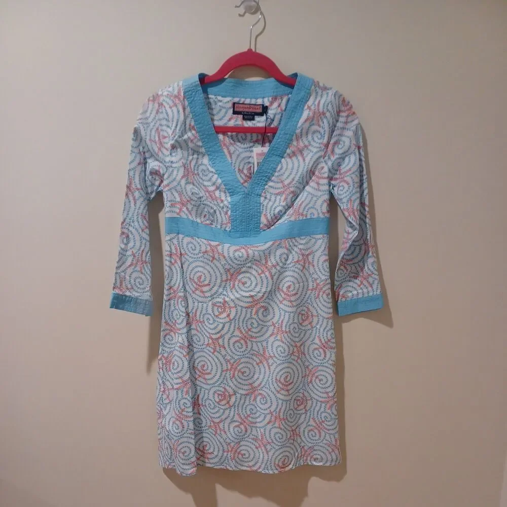 NWT Vineyard Vines Dress Blue Beach House Starfish Swim Cover Size 2 Resort Fun